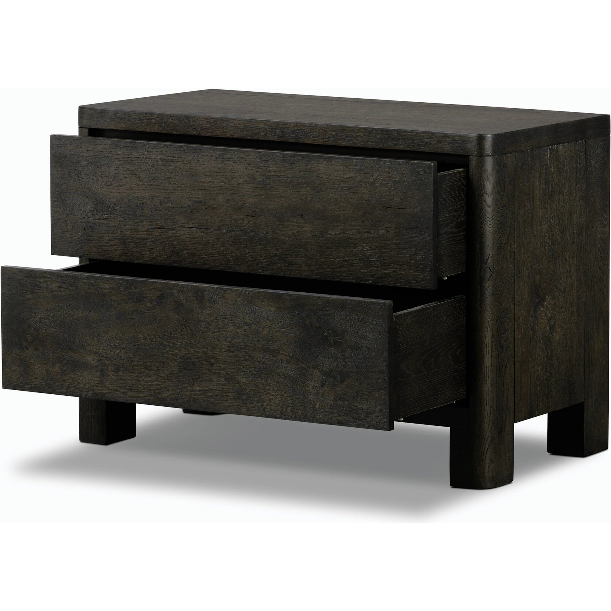 Noeline Nightstand by Four Hands in smoked black oak veneer. Made from thick oak veneer, solid oak in a modern style.