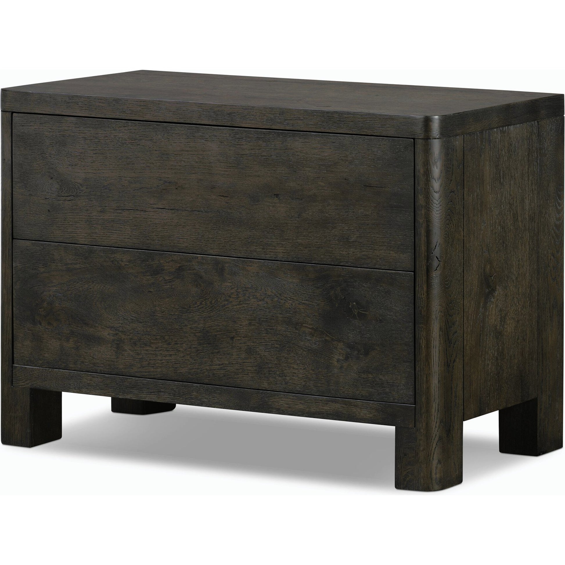 Noeline Nightstand by Four Hands in smoked black oak veneer. Made from thick oak veneer, solid oak in a modern style.