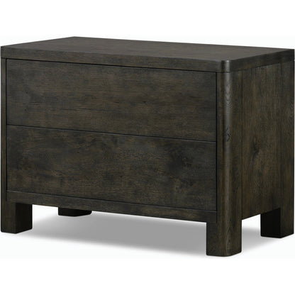 Noeline Nightstand by Four Hands in smoked black oak veneer. Made from thick oak veneer, solid oak in a modern style.