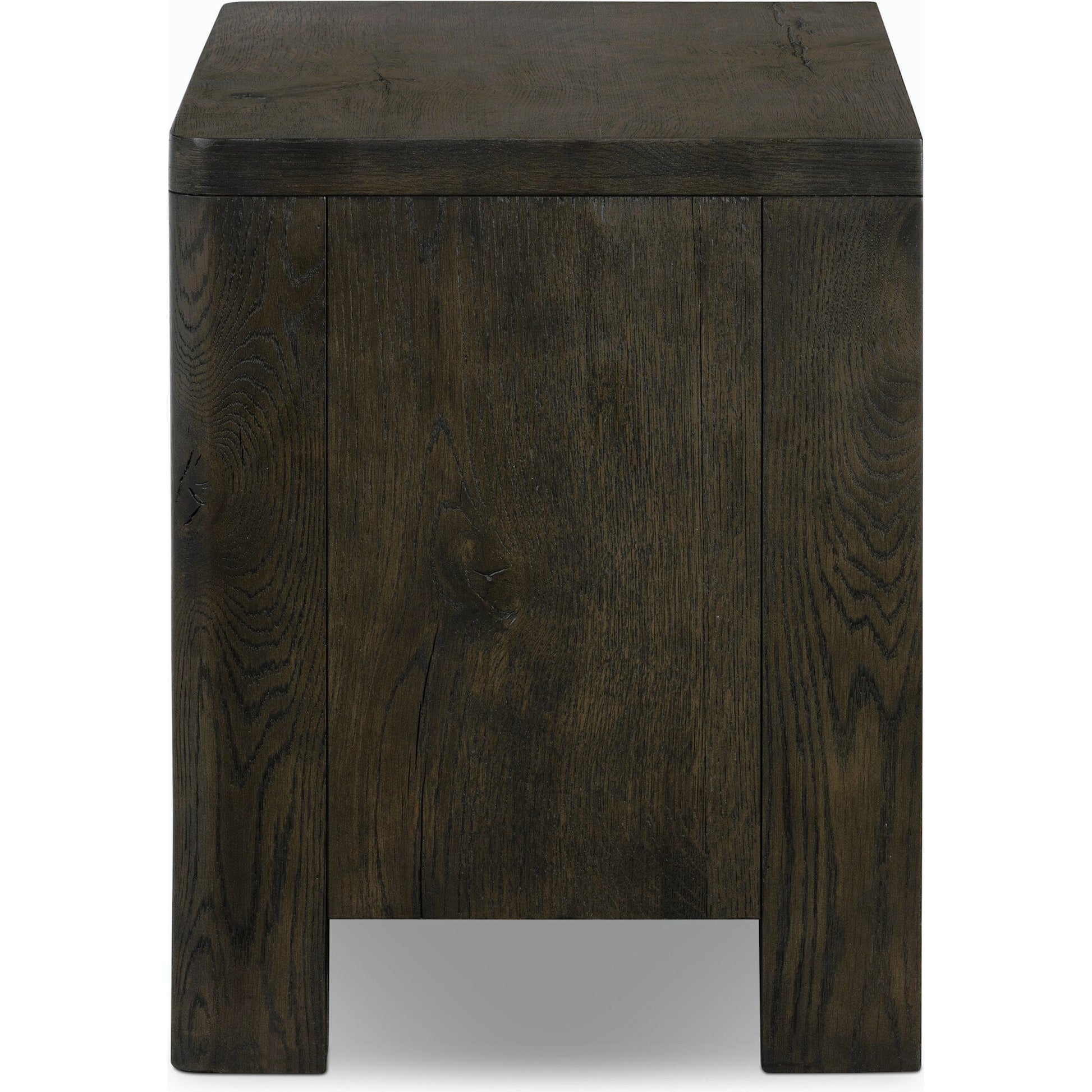 Noeline Nightstand by Four Hands in smoked black oak veneer. Made from thick oak veneer, solid oak in a modern style.