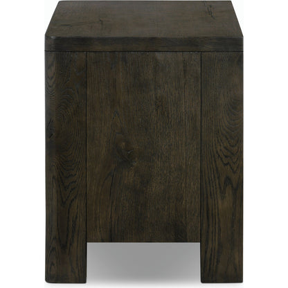 Noeline Nightstand by Four Hands in smoked black oak veneer. Made from thick oak veneer, solid oak in a modern style.