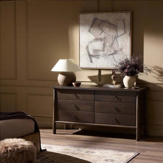 Freddie 6 Drawer Dresser by Four Hands in brown, black iron. Made from solid mango, iron in a unique style.