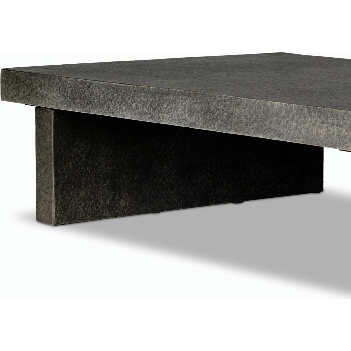 008 SI-2158200 | Closeup | Huesca Outdoor Coffee Table by Four Hands in distressed graphite concrete. Made from concrete in a modern style.