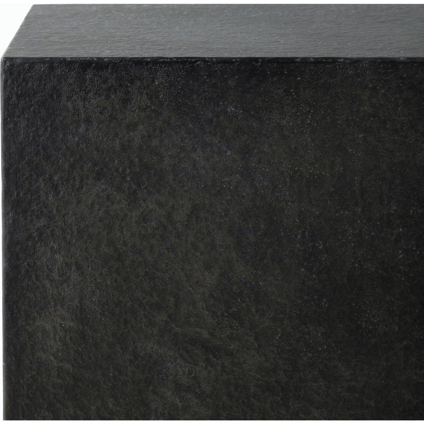 003 SI-2158202 | Closeup | Huesca Outdoor End Table by Four Hands in distressed graphite concrete. Made from concrete in a modern style.