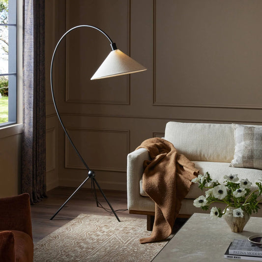 Emile Floor Lamp by Four Hands in matte black, black cord, flax linen. Made from iron, thermoplastic, 75% flax/linen, 25% cotton in a unique style.