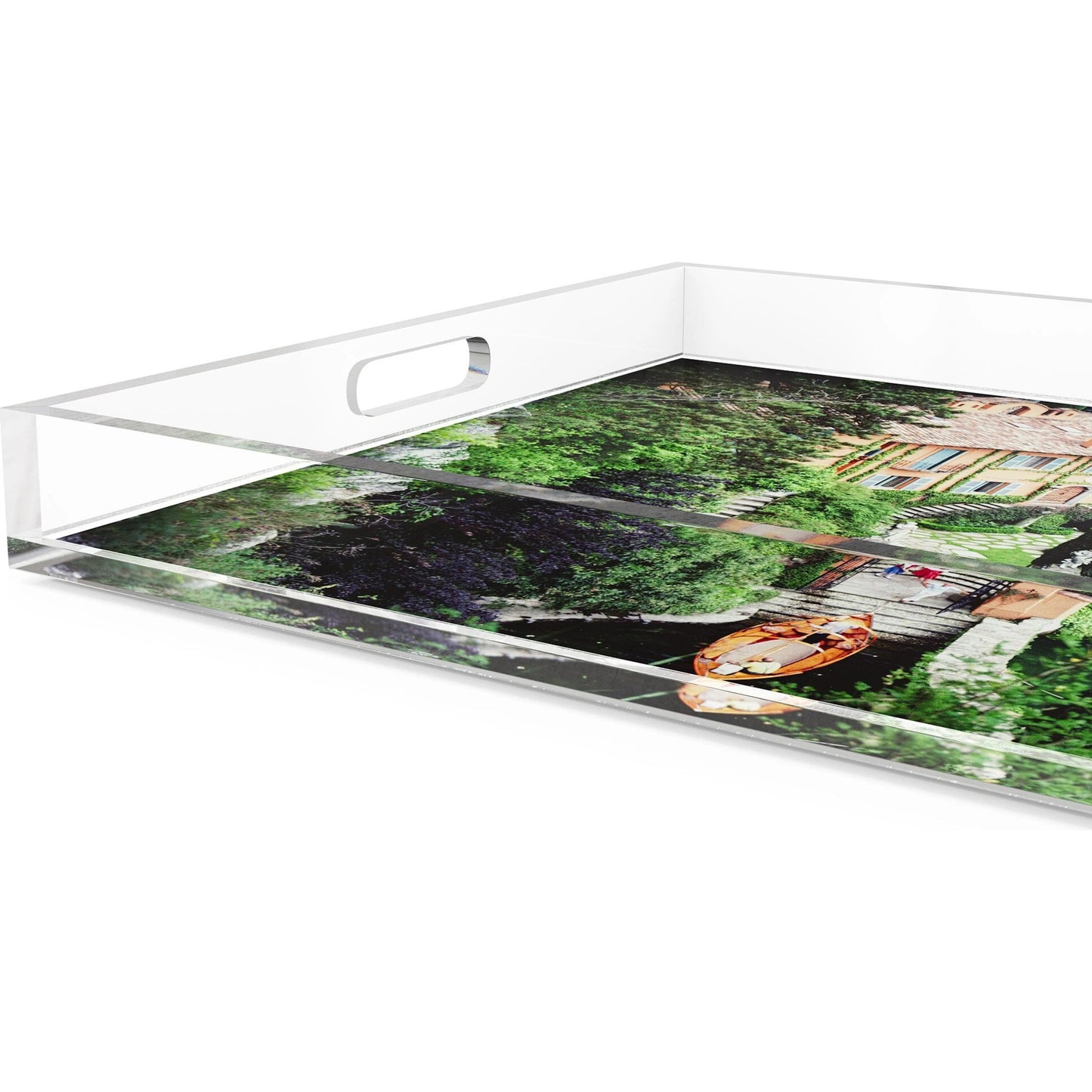 005 SI-2320069 | Closeup | Giacomo Montegazza Tray by Slim Aarons by Four Hands in 1/4" clear cast acrylic. Made from 1/4" cast acrylic in a modern style.