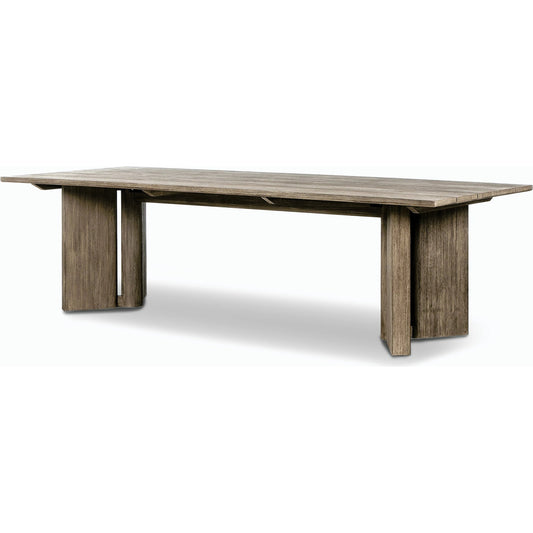 Huxley Outdoor Dining Table 110" by Four Hands in smoke grey. Made from solid fsc®-certified teak in a modern style.