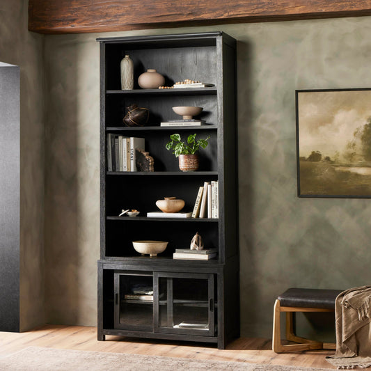 Admont Bookcase by Four Hands in worn black. Made from solid oak, oak veneer in a modern style.