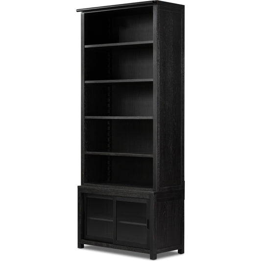 Admont Bookcase by Four Hands in worn black. Made from solid oak, oak veneer in a modern style.