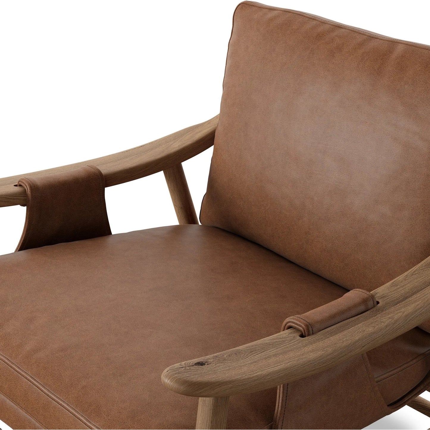 028 SI-2531646 | Closeup | Kimmery Chair by Four Hands in chaps saddle, worn oak. Made from top grain leather, solid oak in a transitional style.