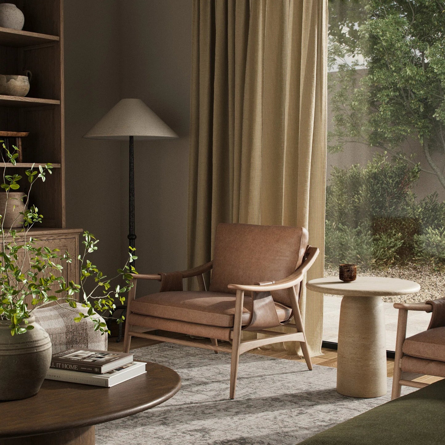 032 SI-2531646 | Lifestyle | Kimmery Chair by Four Hands in chaps saddle, worn oak. Made from top grain leather, solid oak in a transitional style.