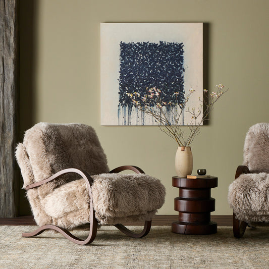 Tobin Chair by Four Hands in taupe mongolian fur and terra brown. Made from mongolia fur, rubberwood veneer in a modern style.