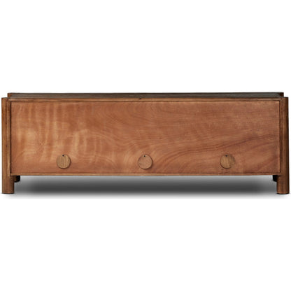 Ezri Media Console by Four Hands in cocoa oak, carved cocoa oak. Made from solid oak in a unique style.