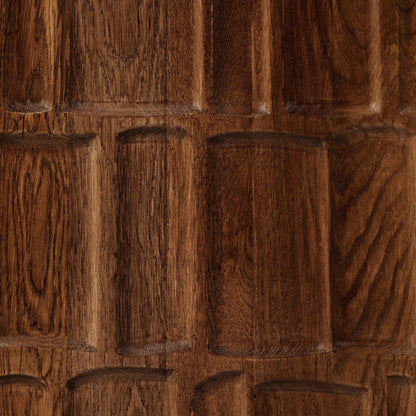 Ezri Media Console by Four Hands in cocoa oak, carved cocoa oak. Made from solid oak in a unique style.