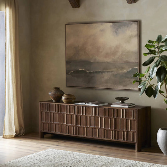 Ezri Media Console by Four Hands in cocoa oak, carved cocoa oak. Made from solid oak in a unique style.