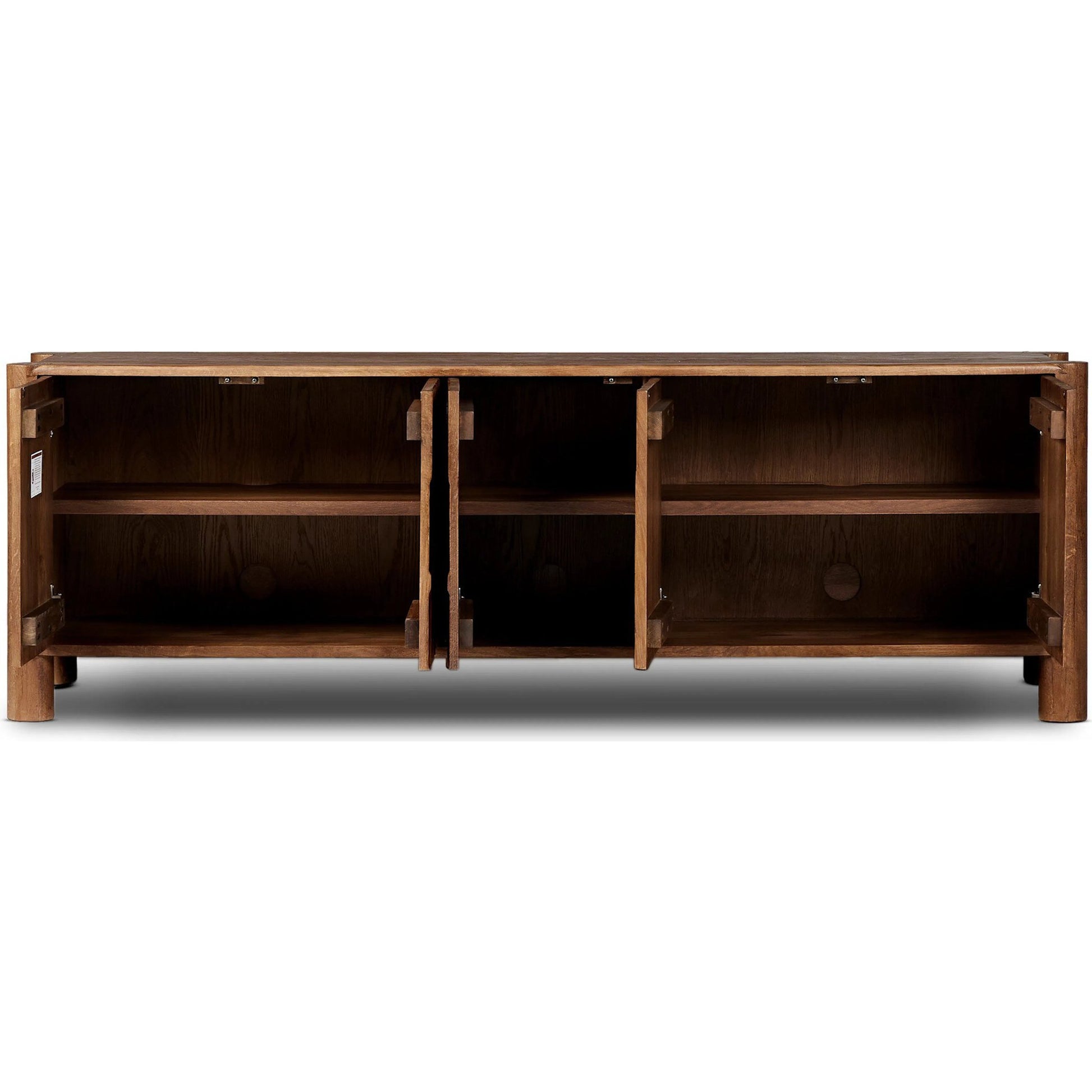 Ezri Media Console by Four Hands in cocoa oak, carved cocoa oak. Made from solid oak in a unique style.
