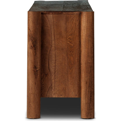 Ezri Media Console by Four Hands in cocoa oak, carved cocoa oak. Made from solid oak in a unique style.