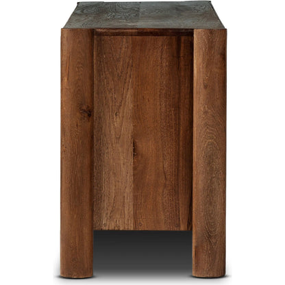 Ezri Media Console by Four Hands in cocoa oak, carved cocoa oak. Made from solid oak in a unique style.