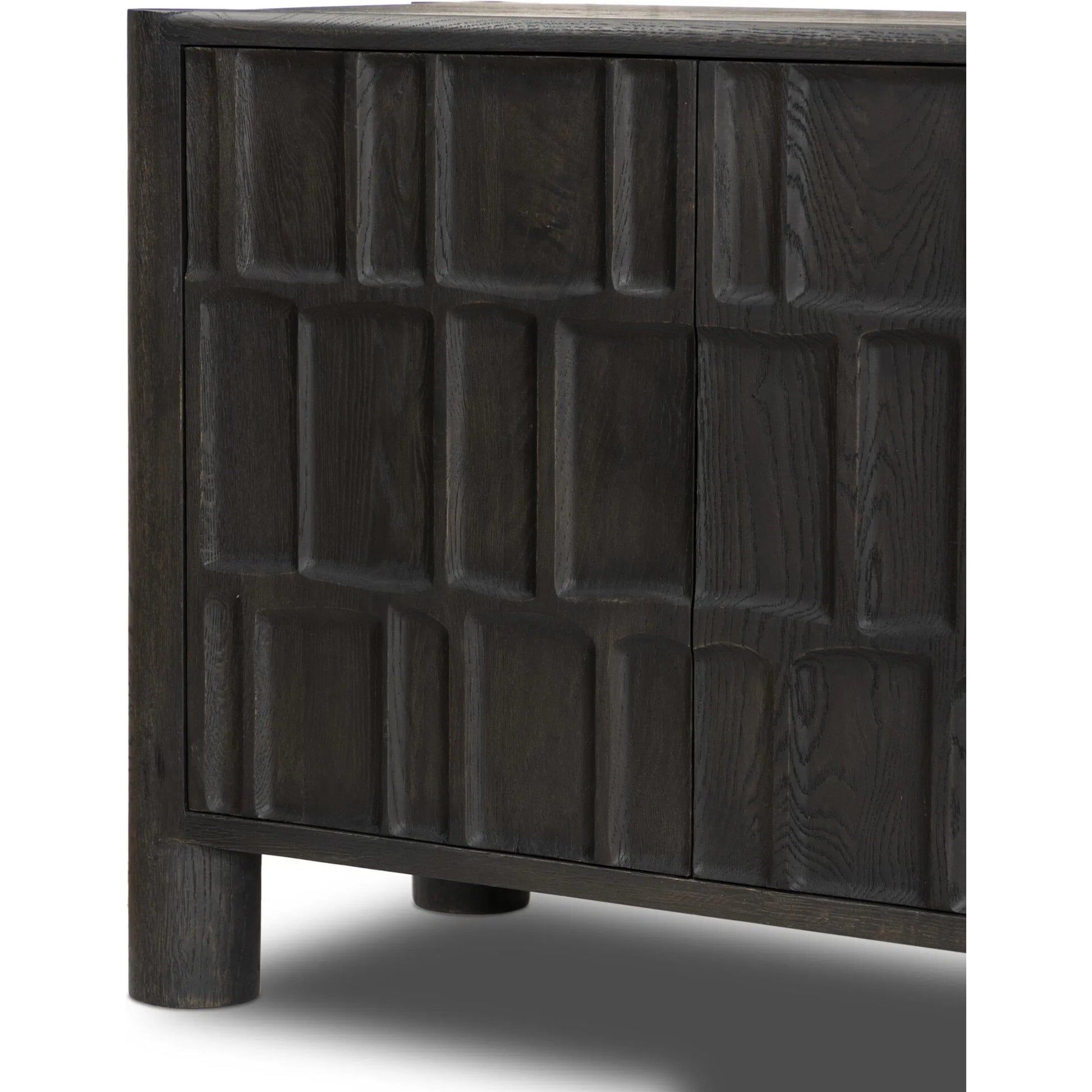 Ezri Media Console by Four Hands in black oak. Made from solid oak, solid mango in a unique style.