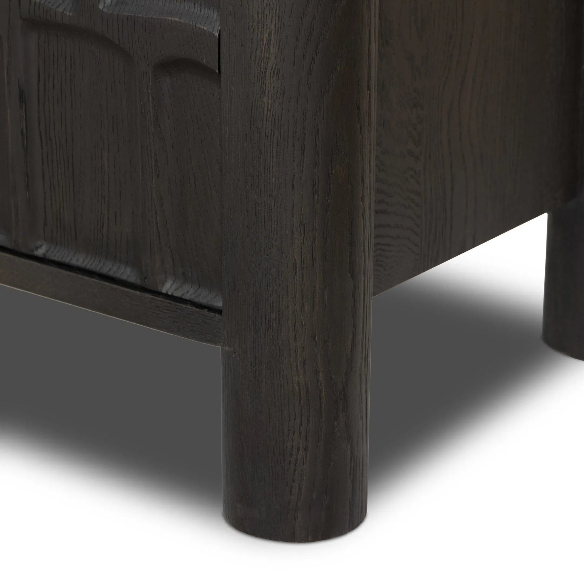Ezri Media Console by Four Hands in black oak. Made from solid oak, solid mango in a unique style.