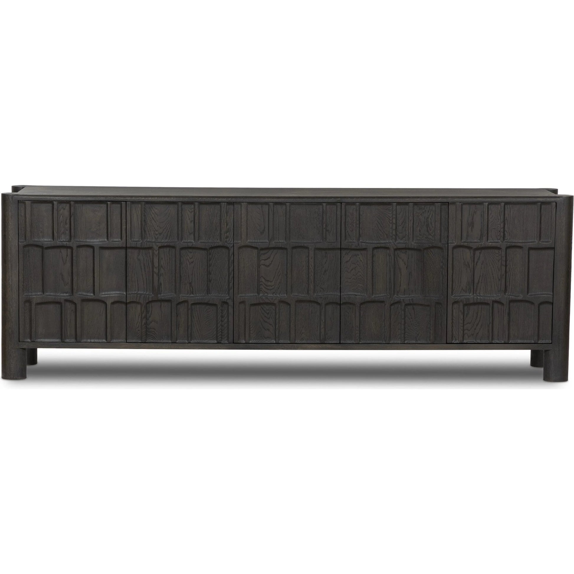 Ezri Media Console by Four Hands in black oak. Made from solid oak, solid mango in a unique style.