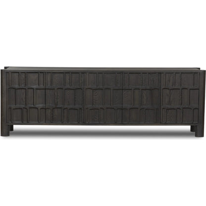 Ezri Media Console by Four Hands in black oak. Made from solid oak, solid mango in a unique style.