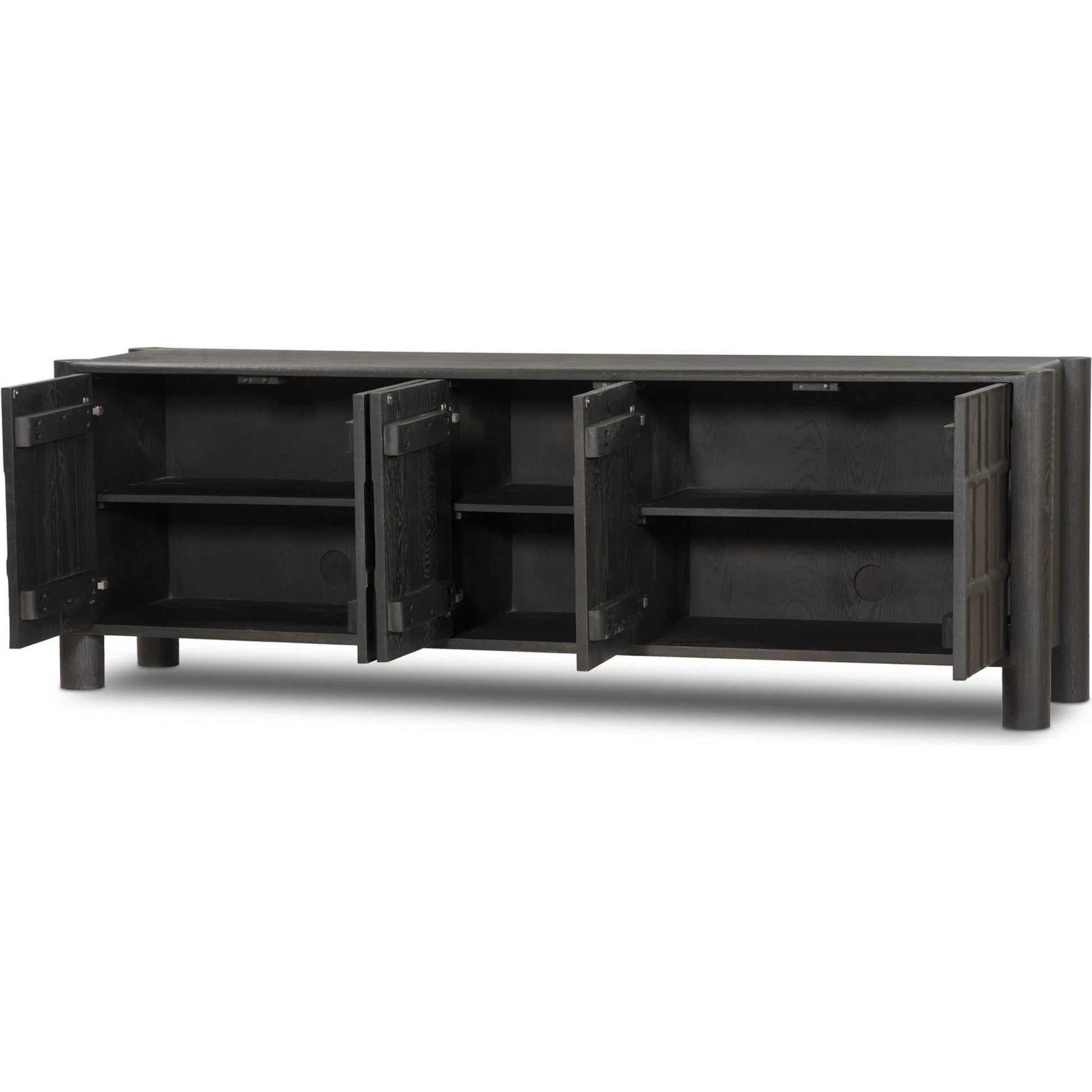 Ezri Media Console by Four Hands in black oak. Made from solid oak, solid mango in a unique style.
