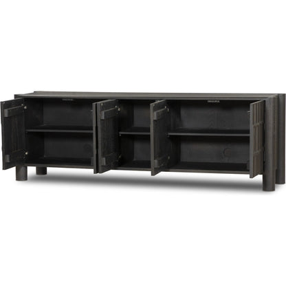 Ezri Media Console by Four Hands in black oak. Made from solid oak, solid mango in a unique style.