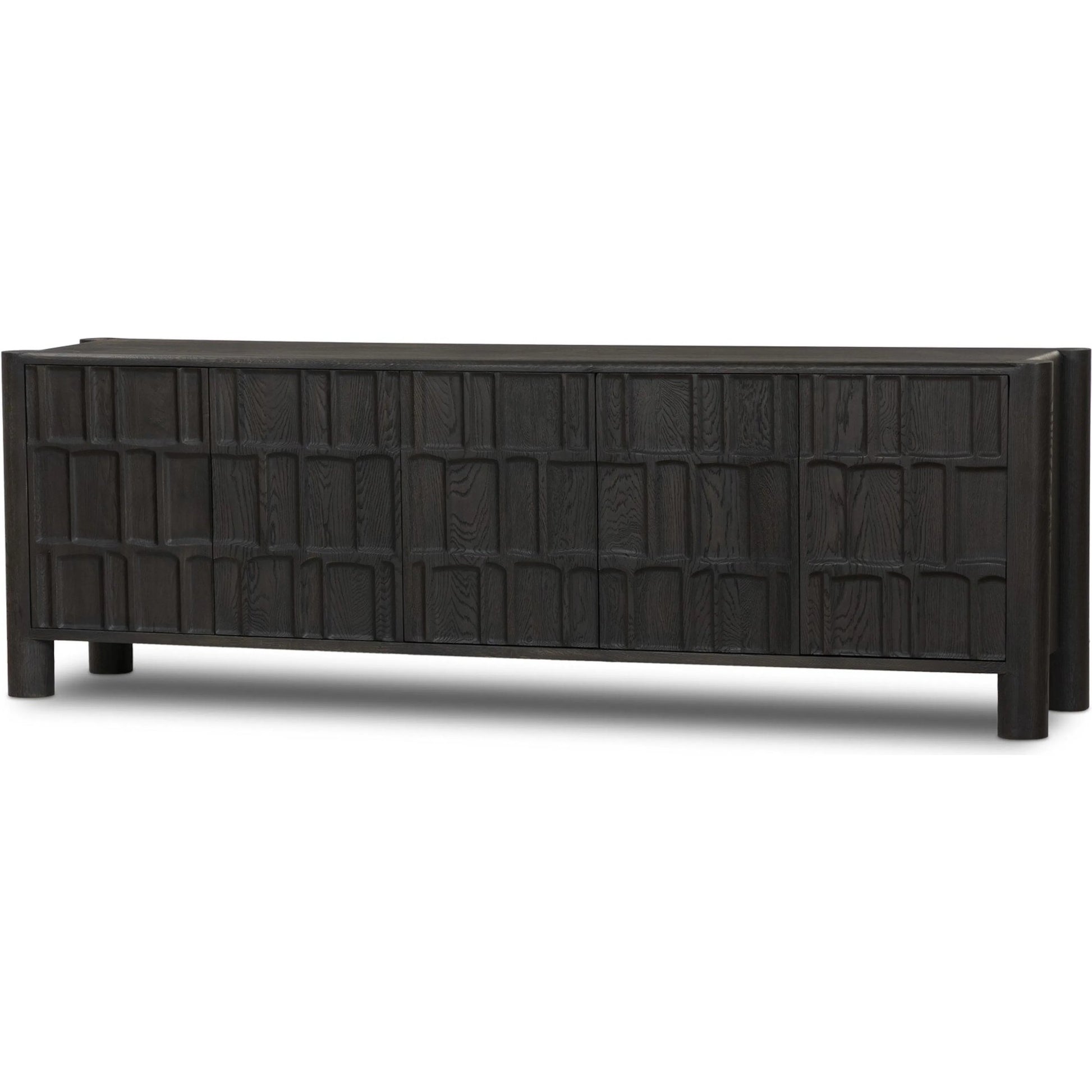 Ezri Media Console by Four Hands in black oak. Made from solid oak, solid mango in a unique style.