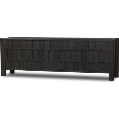 Ezri Media Console by Four Hands in black oak. Made from solid oak, solid mango in a unique style.