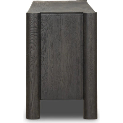 Ezri Media Console by Four Hands in black oak. Made from solid oak, solid mango in a unique style.