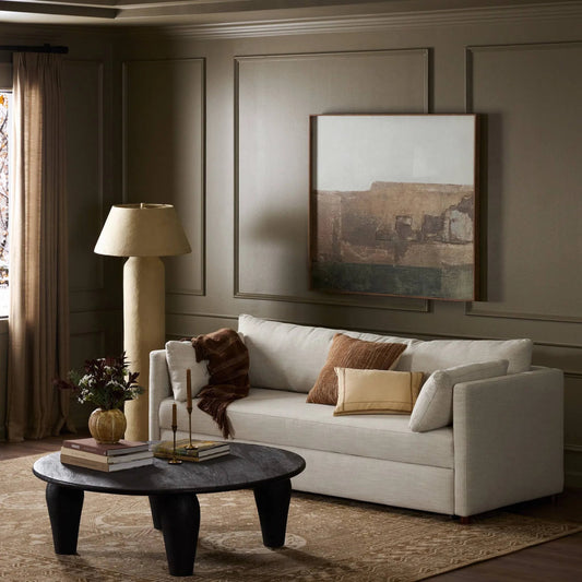 Lincoln Sleeper Sofa by Four Hands in savoy parchment, warm ash. Made from 61% polyester, 31% viscose (rayon), 8% flax/linen, solid ash in a transitional style.