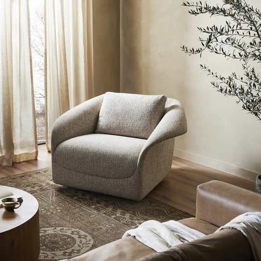 Ezra Swivel Chair by Four Hands in yuma dove. Made from 96% polyester, 4% acrylic in a unique style.