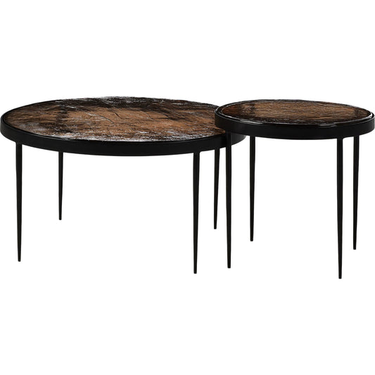 Yoko Nesting Tables by Four Hands in smoked brown cast glass, iron matte black. Made from cast glass, iron in a unique style.
