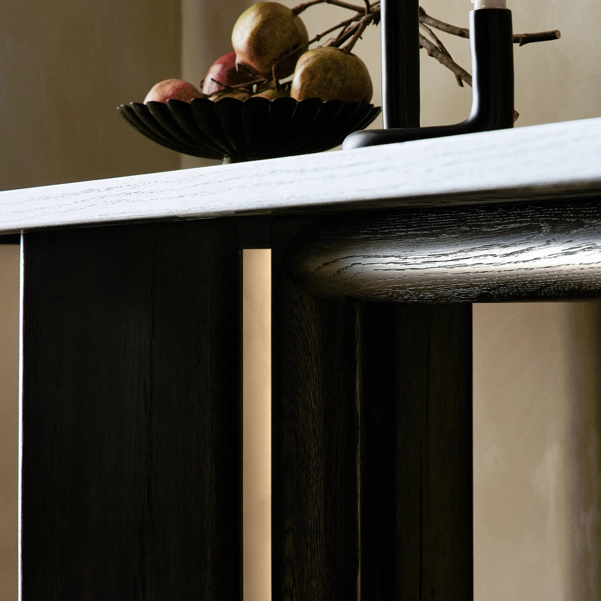 Huxley Console Table by Four Hands in smoked black veneer. Made from thick oak veneer, engineered hardwood in a modern style.
