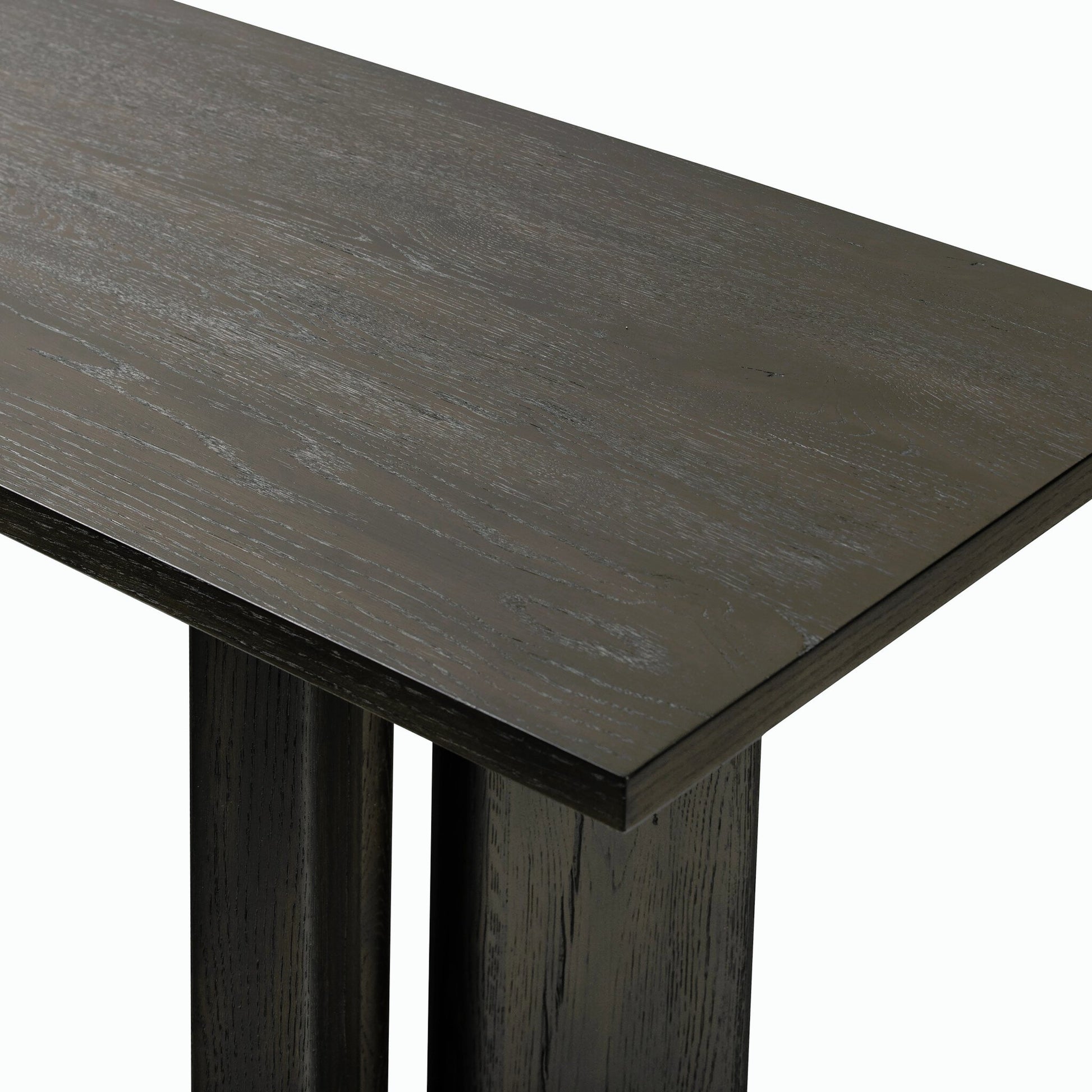 Huxley Console Table by Four Hands in smoked black veneer. Made from thick oak veneer, engineered hardwood in a modern style.