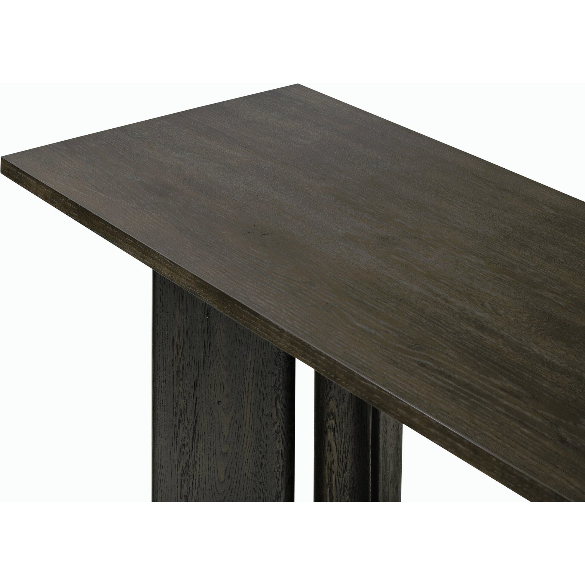 Huxley Console Table by Four Hands in smoked black veneer. Made from thick oak veneer, engineered hardwood in a modern style.