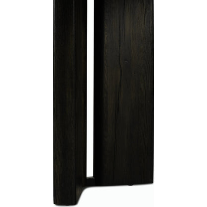 Huxley Console Table by Four Hands in smoked black veneer. Made from thick oak veneer, engineered hardwood in a modern style.