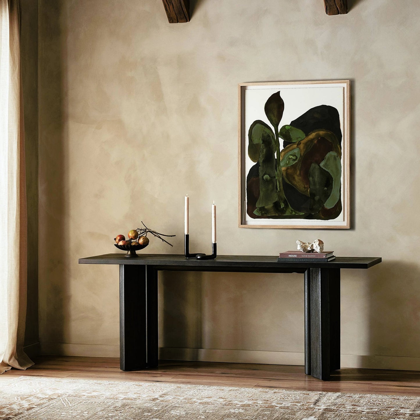 014 SI-2158205 | Lifestyle | Huxley Console Table by Four Hands in smoked black veneer. Made from thick oak veneer, engineered hardwood in a modern style.