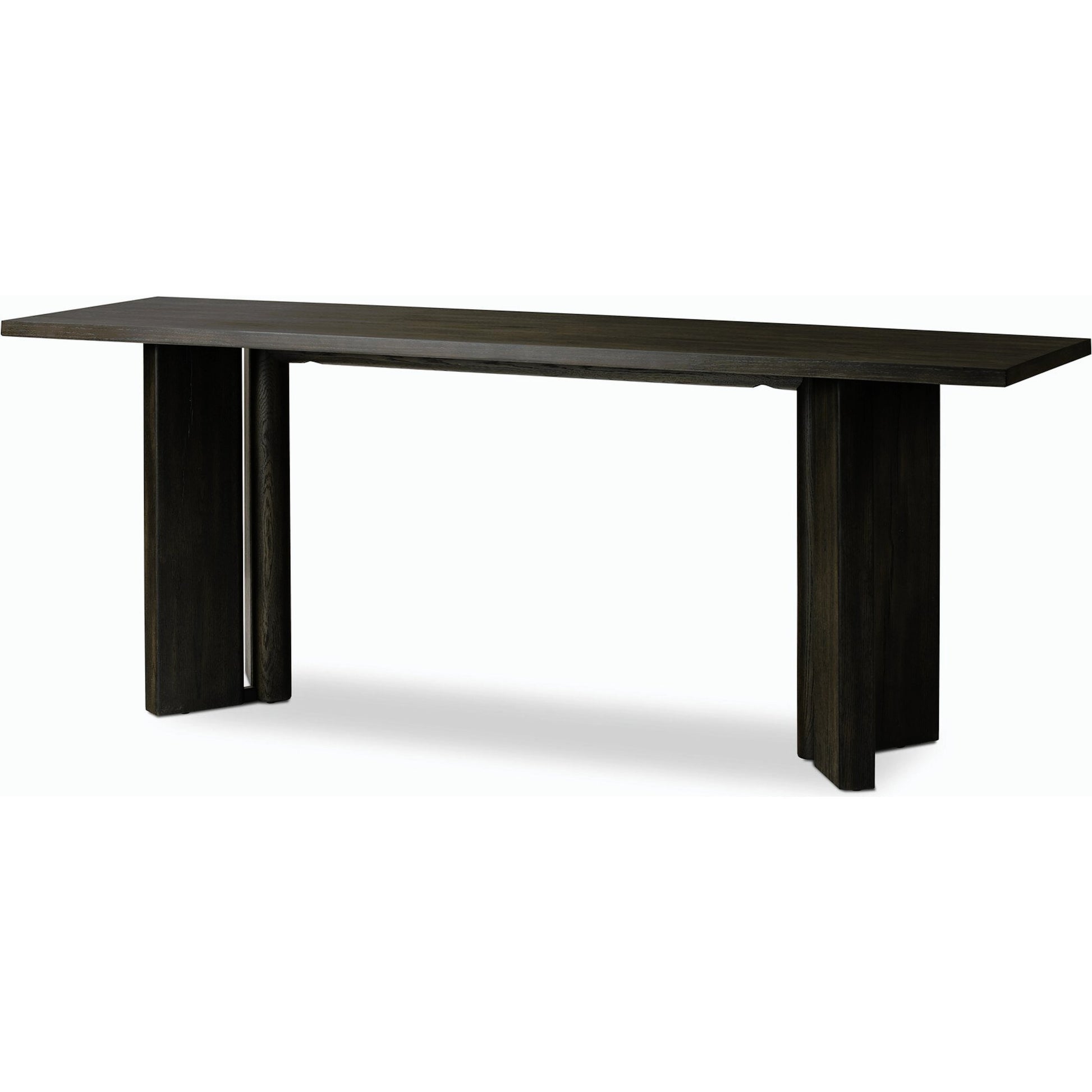 Huxley Console Table by Four Hands in smoked black veneer. Made from thick oak veneer, engineered hardwood in a modern style.