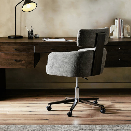 Rei Desk Chair by Four Hands in gibson mink, warm oak. Made from 97% polyester, 3% acrylic, solid oak, 100% polyester in a modern style.