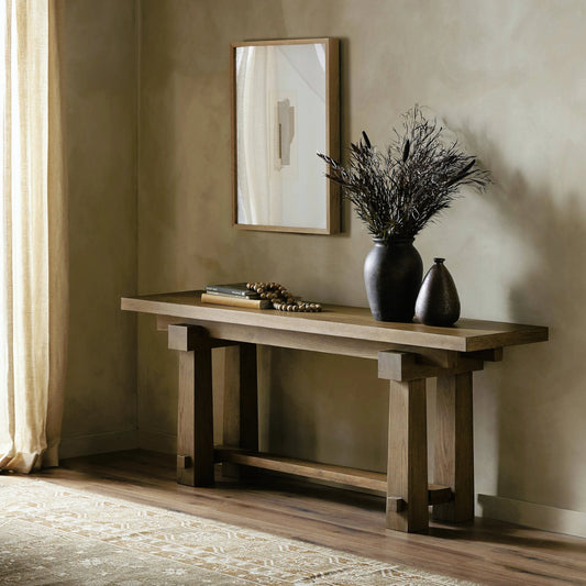 Josette Console Table by Four Hands in honey oak veneer. Made from oak veneer, solid oak in a modern style.