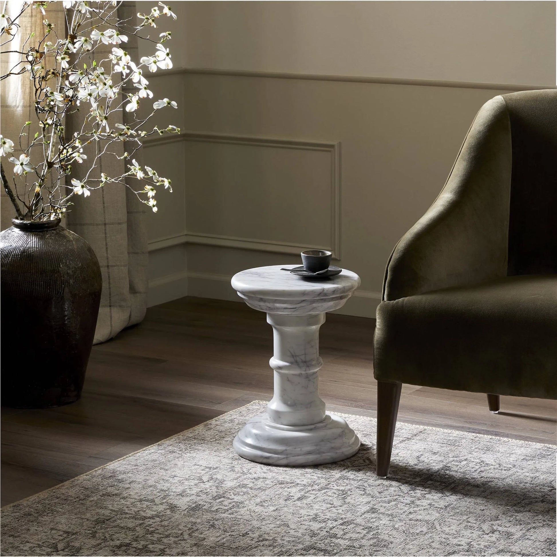 Cyprus End Table by Four Hands in veined white marble solid. Made from solid marble in a modern style.