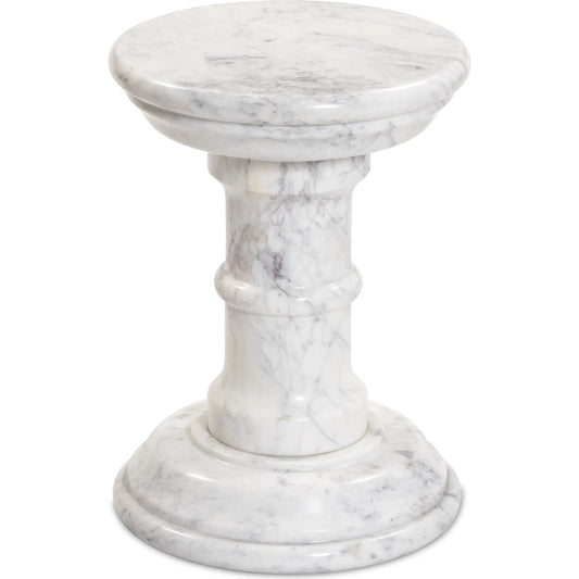 Cyprus End Table by Four Hands in veined white marble solid. Made from solid marble in a unique style.