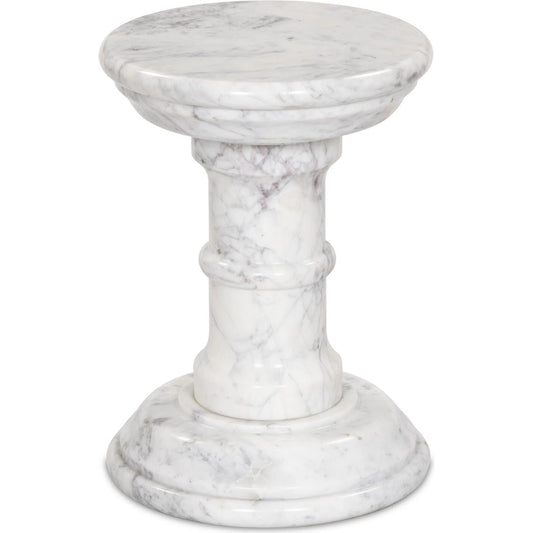 Cyprus End Table by Four Hands in veined white marble solid. Made from solid marble in a modern style.