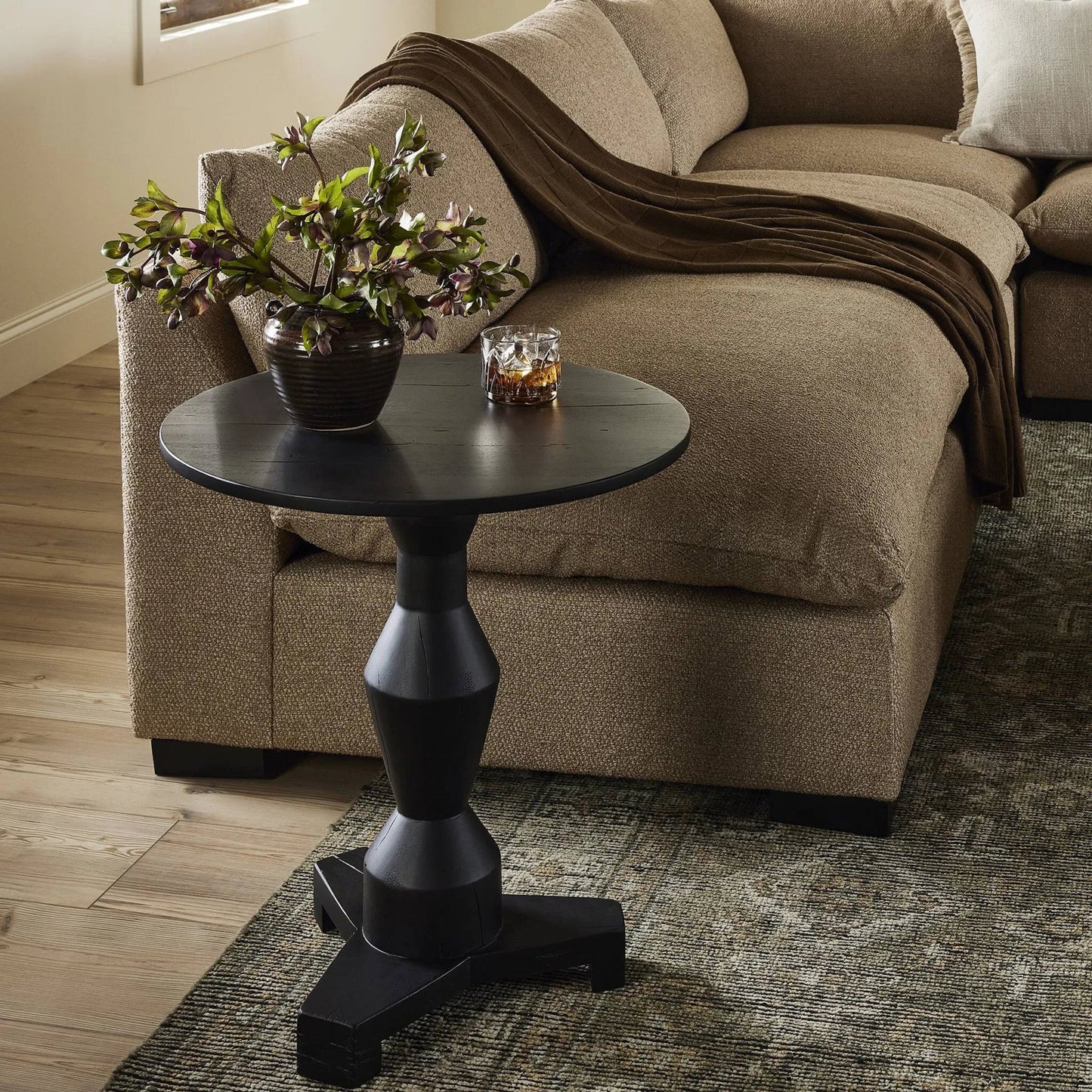 020 SI-2535298 | Lifestyle | Rivi End Table by Four Hands in dark reclaimed. Made from solid mixed reclaimed wood in a traditional style.