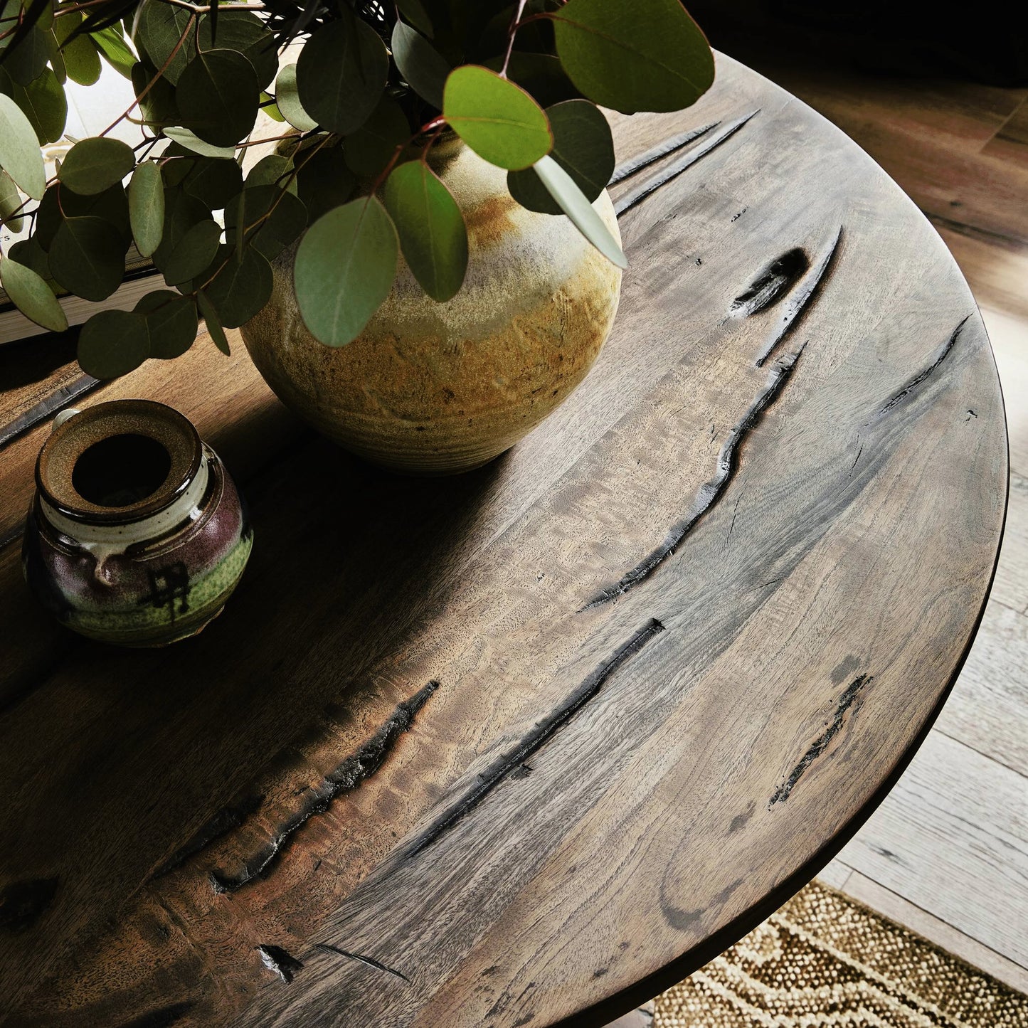 012 SI-2158419 | Closeup | Rivi Large End Table by Four Hands in antique belgium bleach. Made from solid mixed reclaimed wood in a modern style.