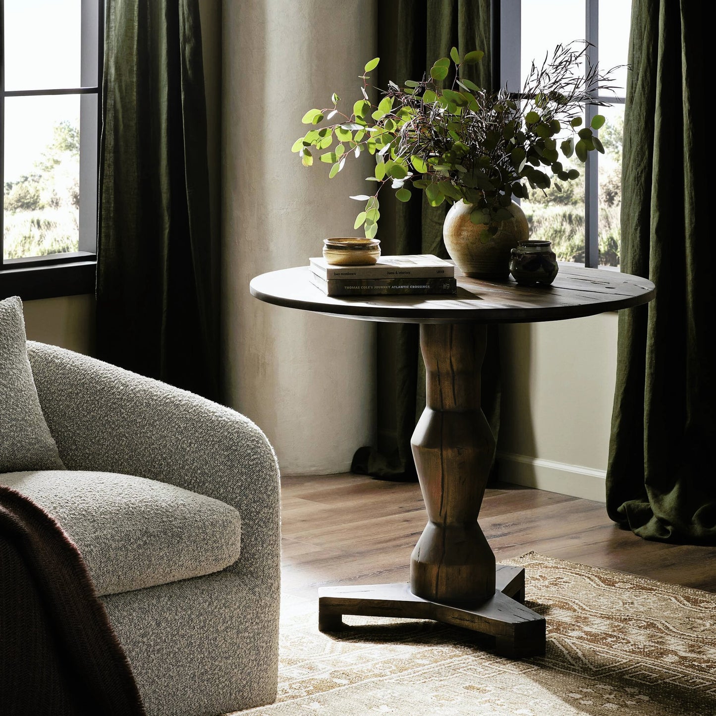 015 SI-2158419 | Lifestyle | Rivi Large End Table by Four Hands in antique belgium bleach. Made from solid mixed reclaimed wood in a modern style.