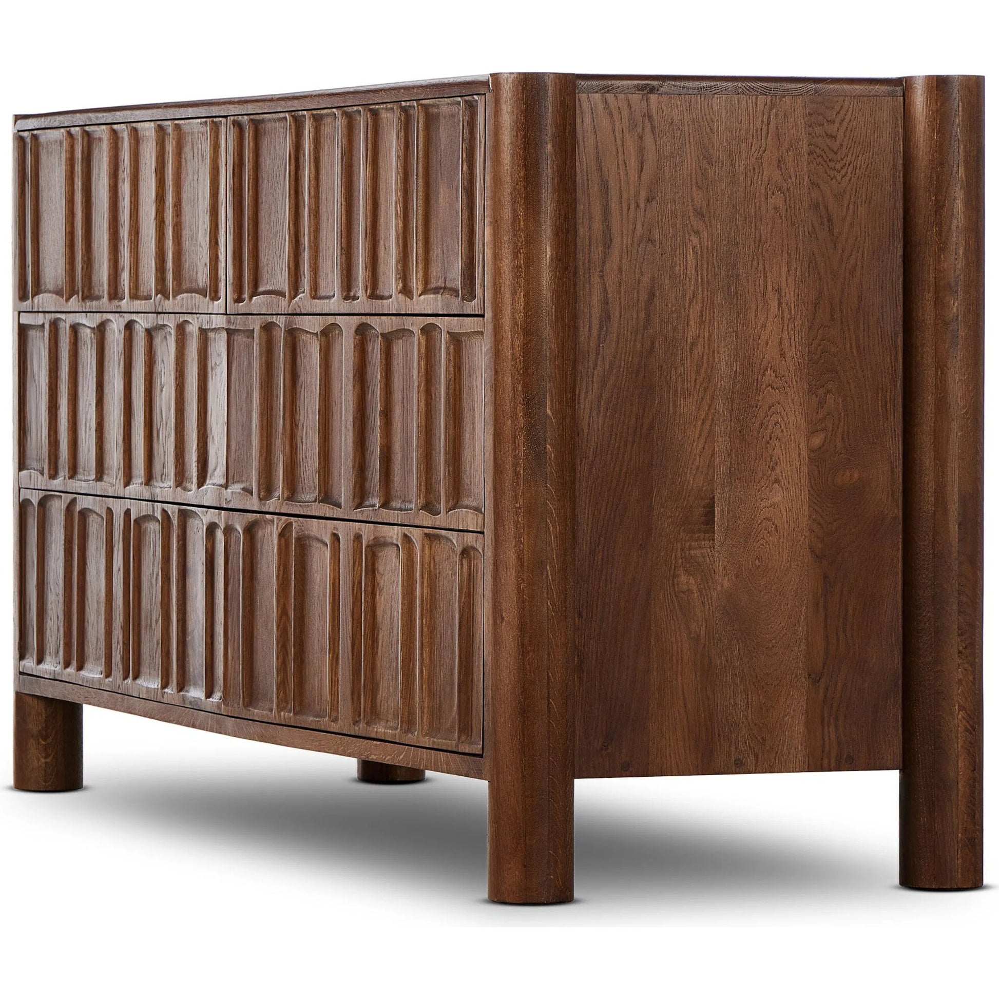 Ezri 6 Drawer Dresser by Four Hands in carved cocoa oak. Made from solid oak in a unique style.