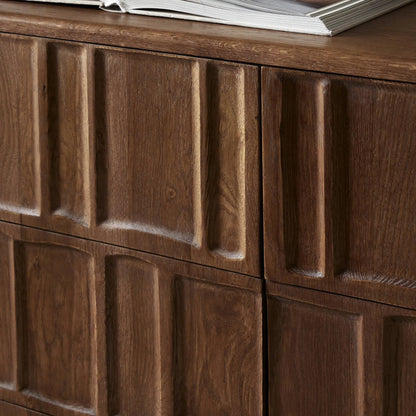 Ezri 6 Drawer Dresser by Four Hands in carved cocoa oak. Made from solid oak in a unique style.